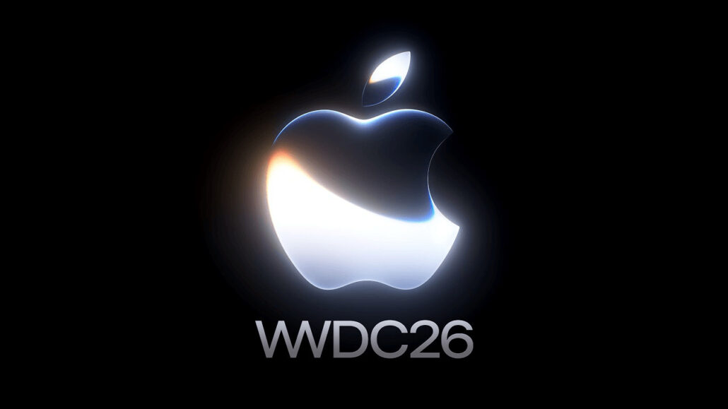 Glowing Apple logo in blue-white tones on a black background with the text 'WDC26' beneath it.