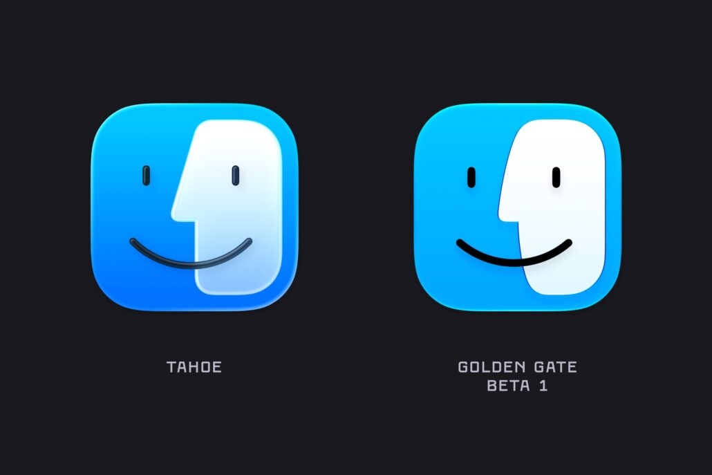Two large blue square app icons with white faces and black smiles side by side on a dark background, labeled 'TAHOE' (left) and 'GOLDEN GATE BETA 1' (right).