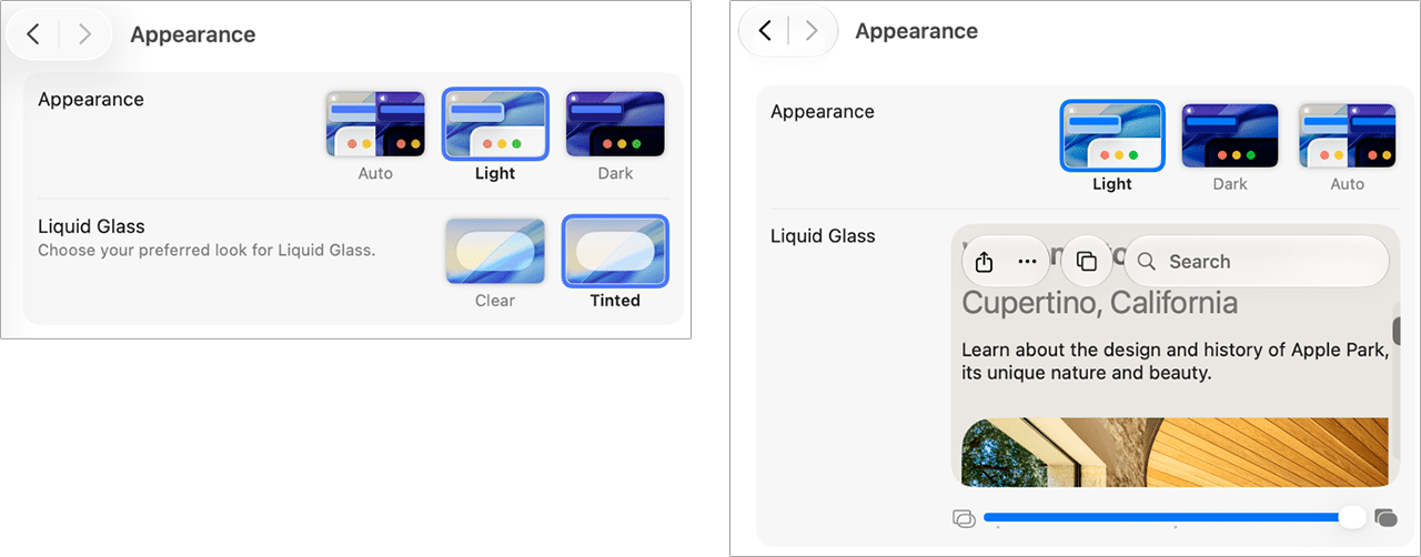 Appearance settings with Auto, Light, Dark and Liquid Glass options (Clear, Tinted).