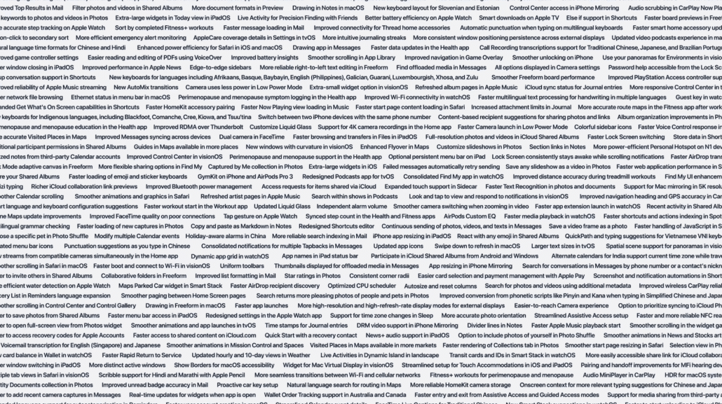 Dense word cloud of tiny bold phrases listing Apple OS features and UI improvements (text only).