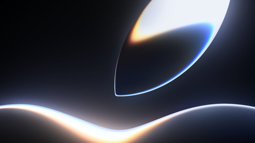 Abstract dark background with glowing curved light bands in blue and orange.