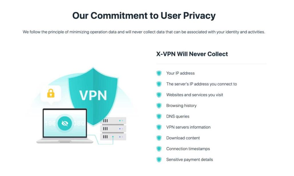 Our privacy commitment: X-VPN will never collect your IPs, sites you visit, DNS queries, or payment details.