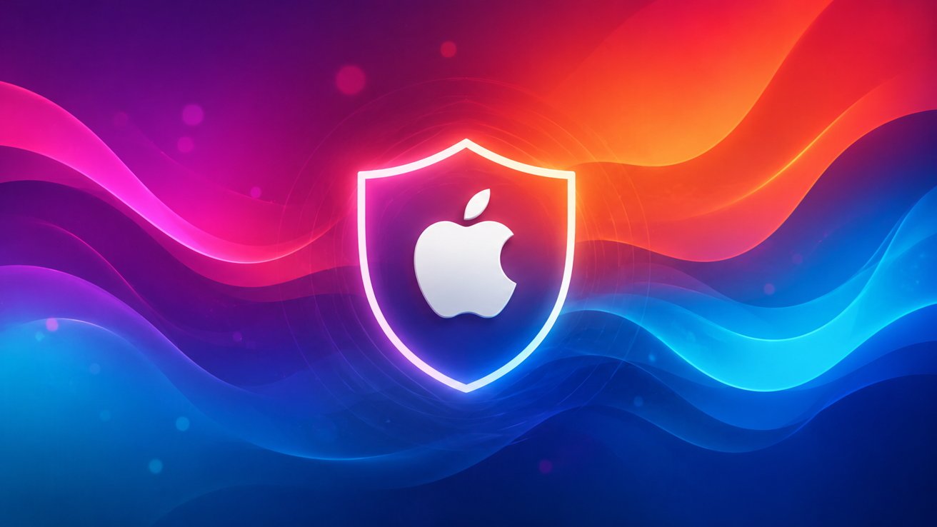 Neon shield with Apple logo floating over colorful abstract waves, symbolizing Apple security.