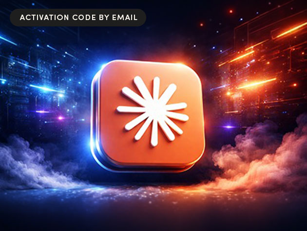 Orange rounded-square icon with a white starburst logo, used for 'Activation Code by Email' on a neon-tech background.